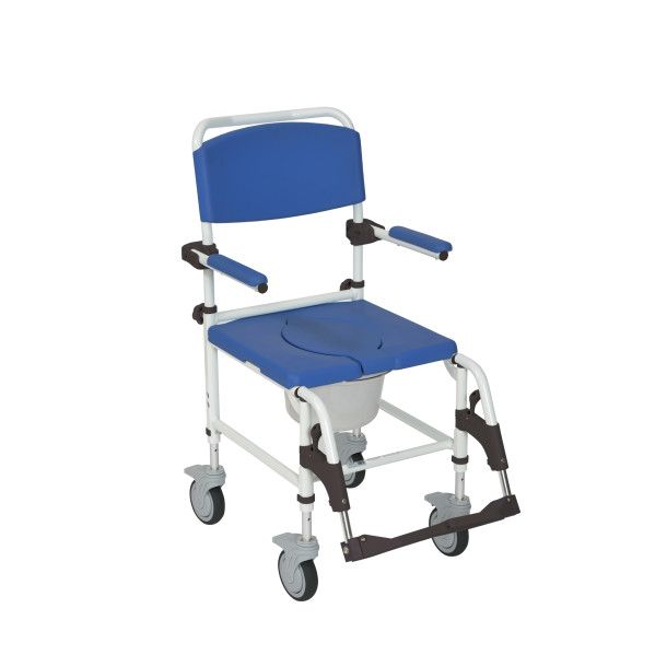 ALUMINUM REHAB SHOWER COMMODE CHAIR WITH FOUR REAR LOCKING CASTERS