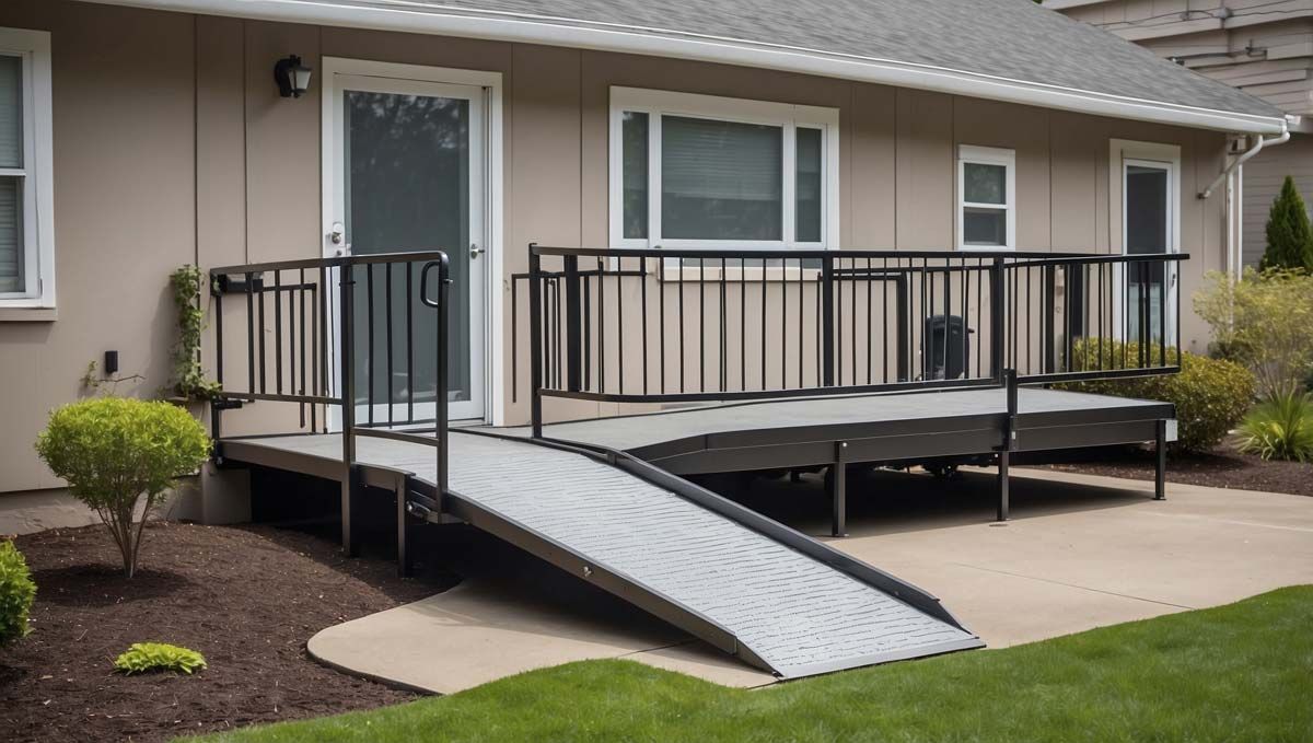 A house with a portable wheelchair ramp leading to the front door.