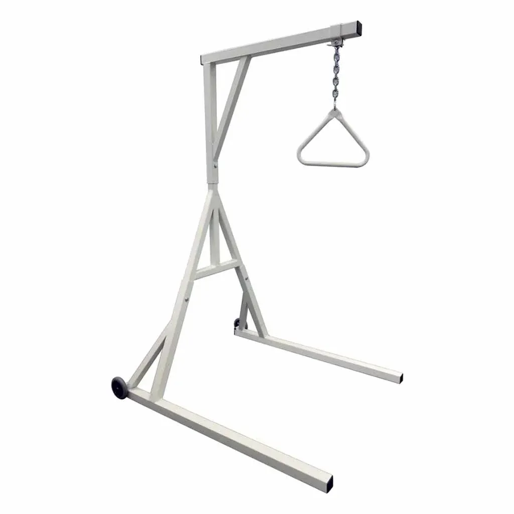 A white metal frame with a trapeze bar hanging from it.