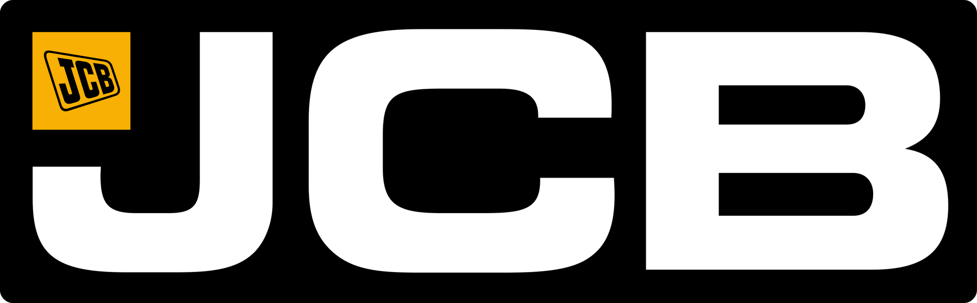 JCB logo: white letters on black background; yellow square with JCB logo at top left.