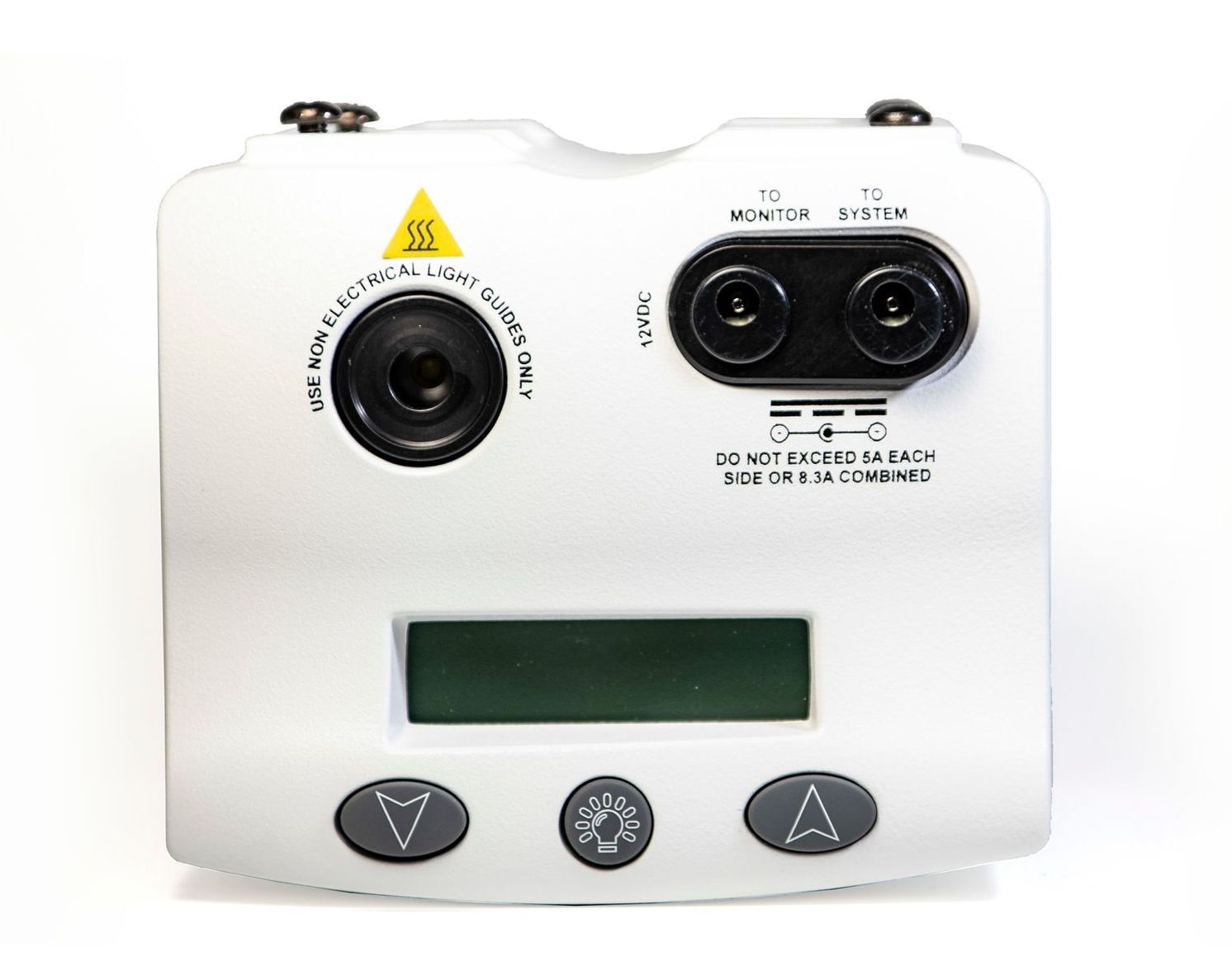 A white electronic device with a green screen and buttons
