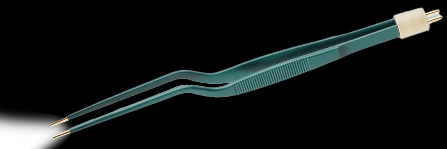 A pair of tweezers with a light on the end on a black background.