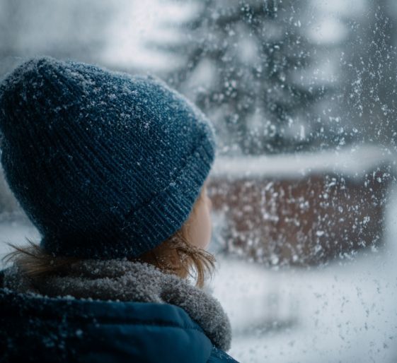 Person in a blue knit hat looking out at falling snow through a window