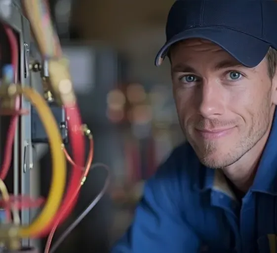 Technician in blue cap and shirt working beside colorful cables in a blurred workshop