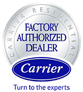 Carrier Factory Authorized Dealer seal with blue logo and “Turn to the experts” text