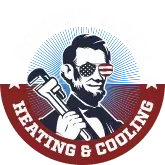 Heating and cooling logo with a silhouetted worker holding a wrench in front of a sunburst