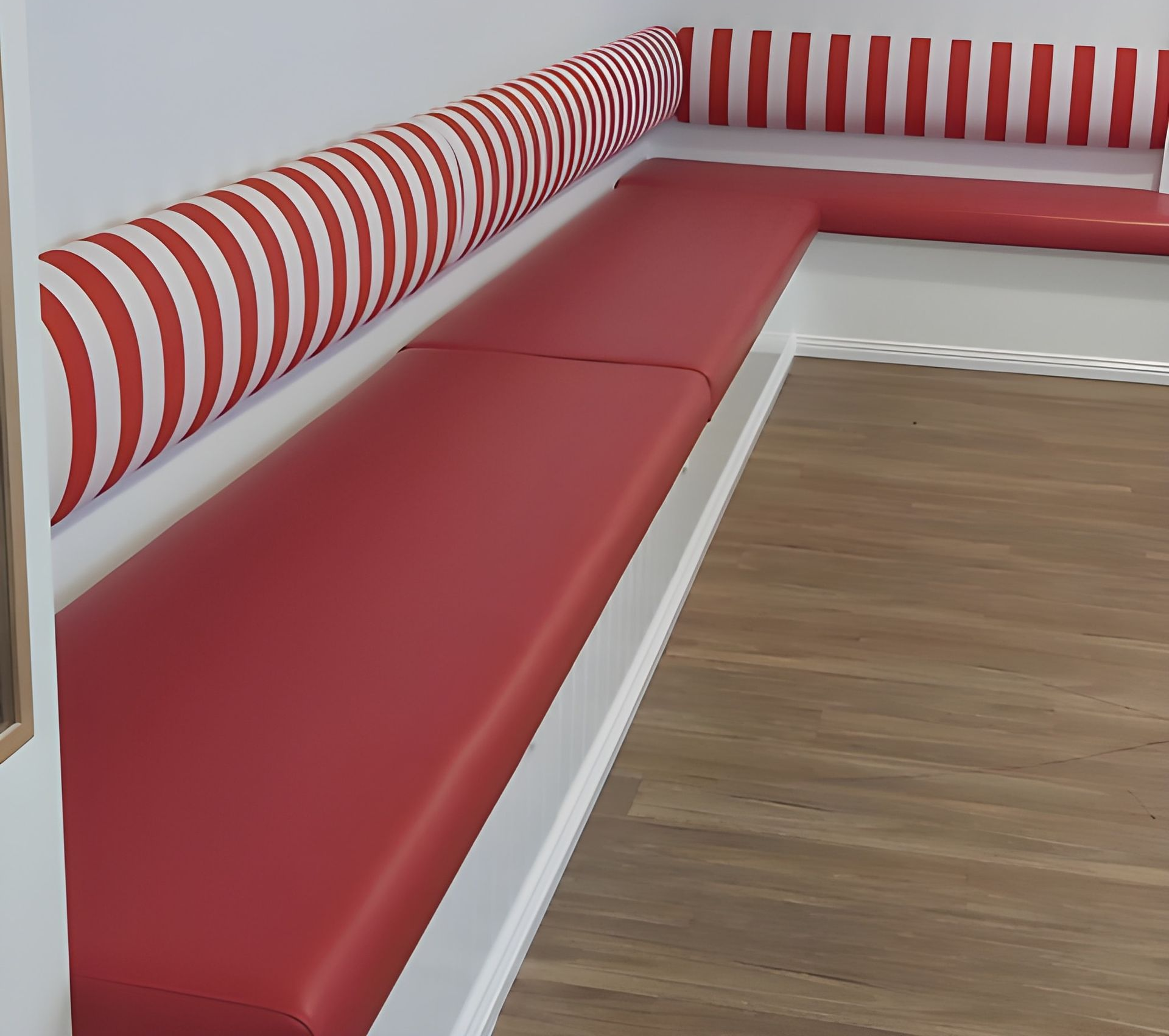 A Built-in Red Bench With White Walls — Cupitt's Quality Upholstery in Rous, NSW
