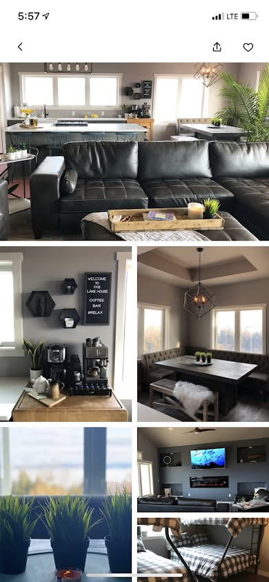 Collage of a modern living room and kitchen with dark leather sofas, wall art, and a dining area with large windows