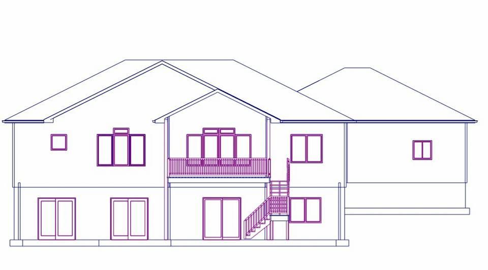 Front view of a two-story house architectural sketch with balcony and stairs, outlined in purple.