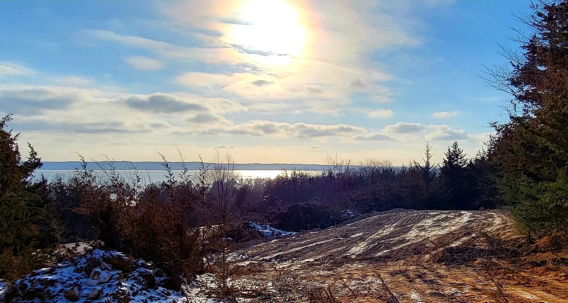 Snowy woodland path overlooking a bright, cloudy sunset over water