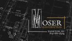 Moser Construction logo over blueprint background, with white text and gold accents.