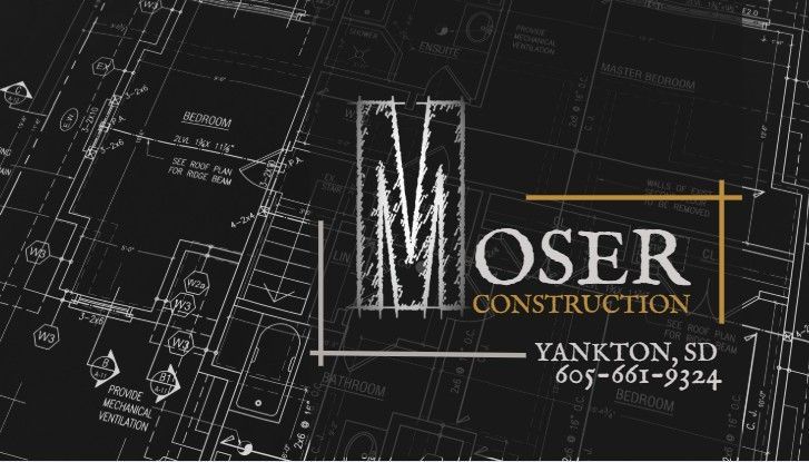 Moser Construction logo over blueprint background, with white text and gold accents.