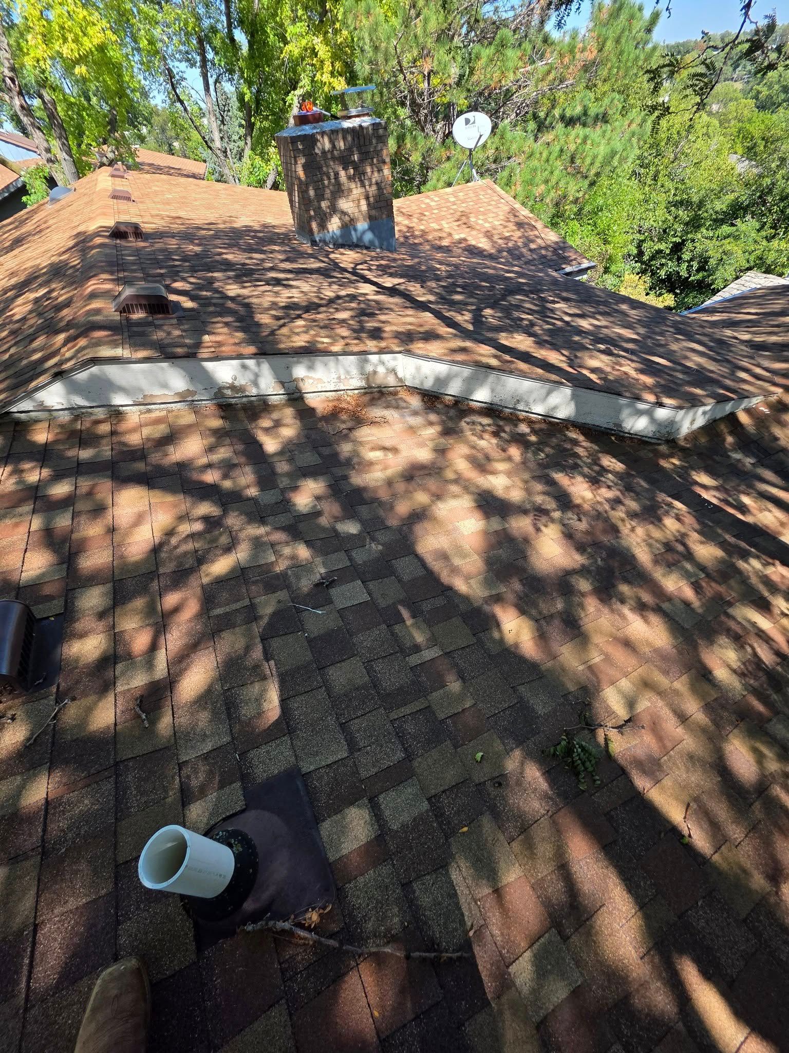View from a shingled roof with a vent pipe, leafy trees, and a person near the ridge under bright sun