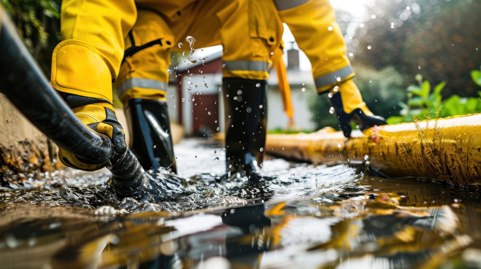 Emergency crew using a pump to remove floodwater from a flooded area