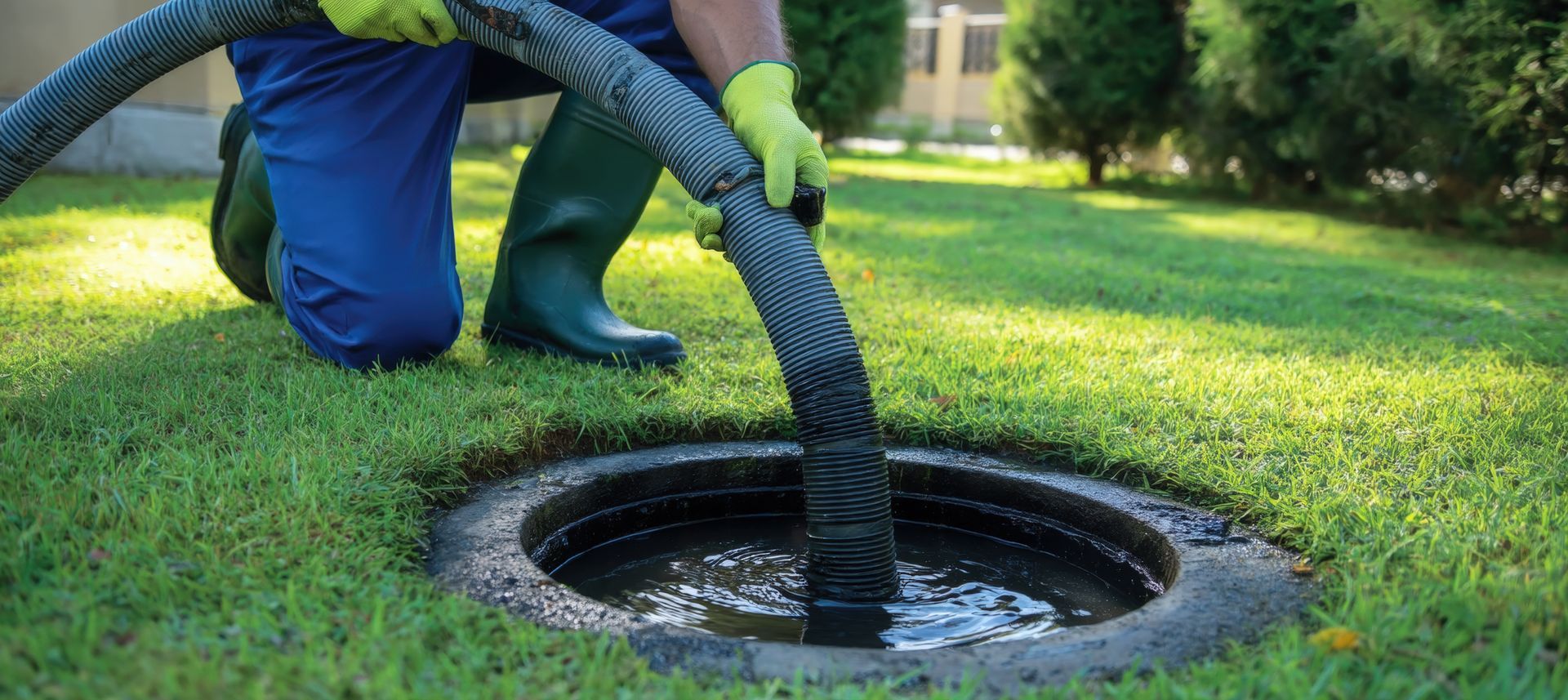Septic system cleaning technician pumping tank with hose from open ground access lid.
