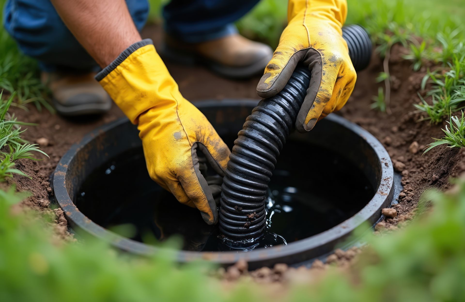 A man in yellow gloves performing septic pumping on a residential tank for drain cleaning.