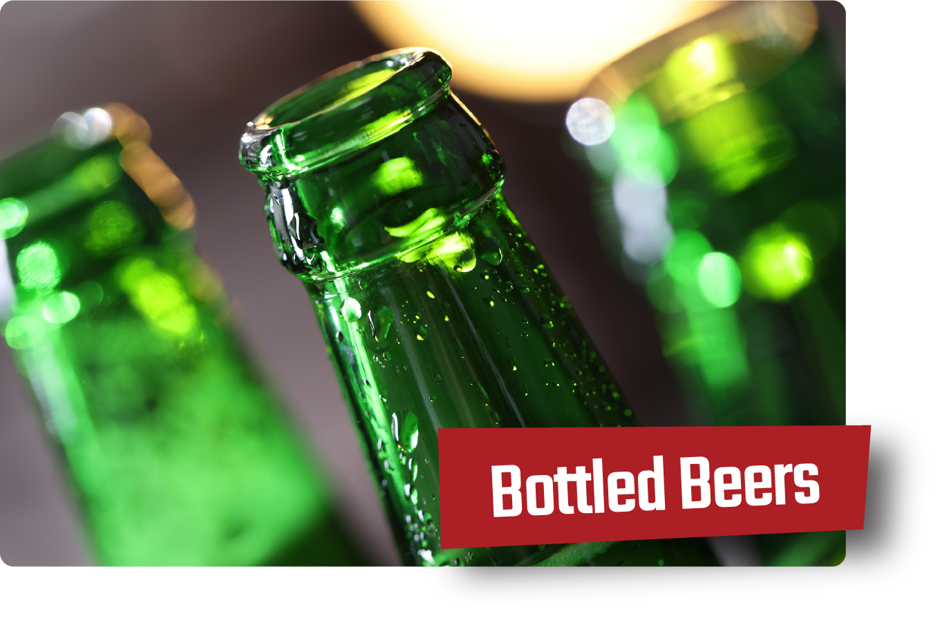 Green beer bottles with a red label reading “Bottled Beers”