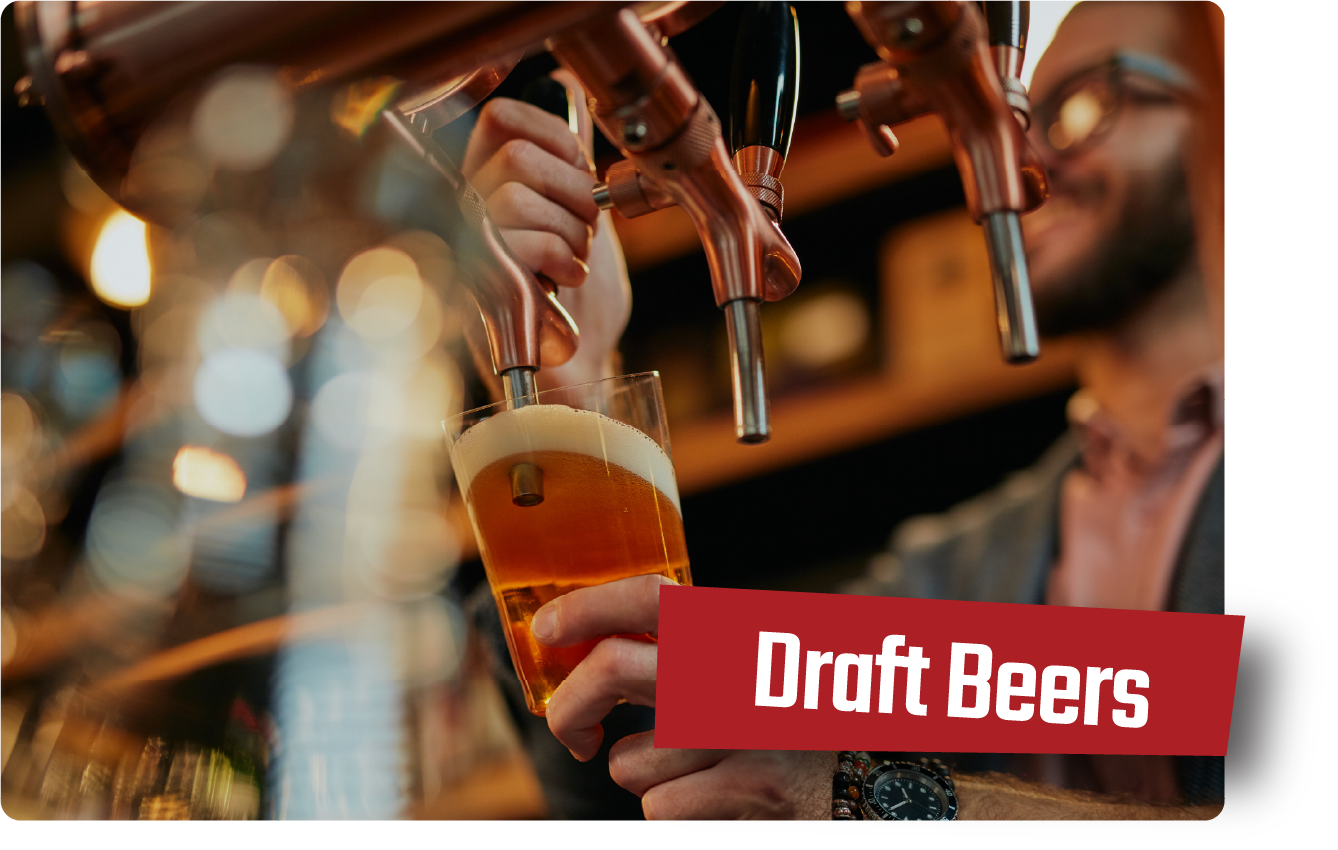 Beer tap pouring a pint in a bar, with a red “Draft Beers” sign