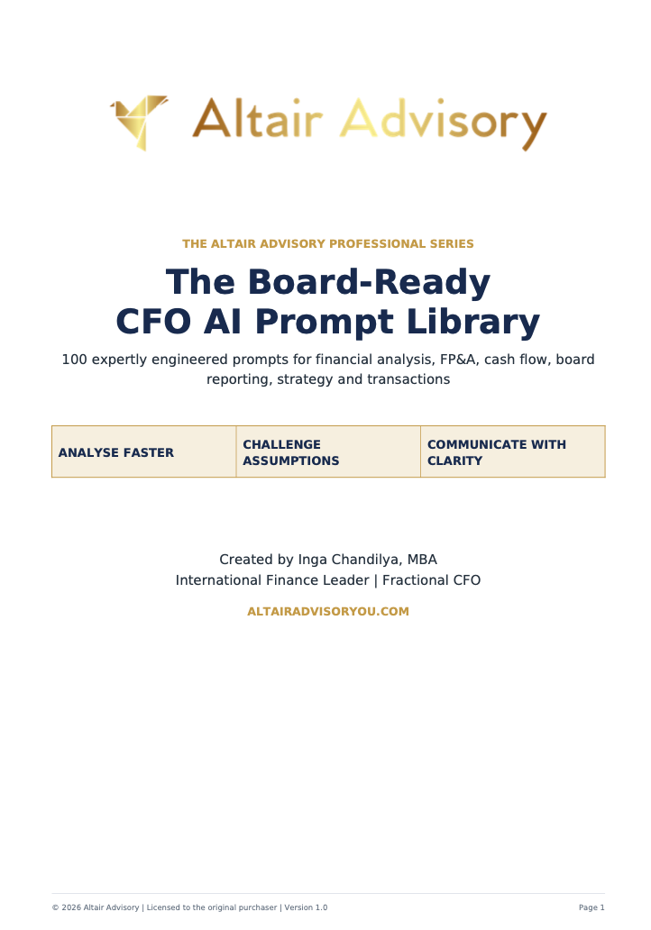 Altair Advisory report cover: “The Board-Ready CFO AI Prompt Library” on a white background.