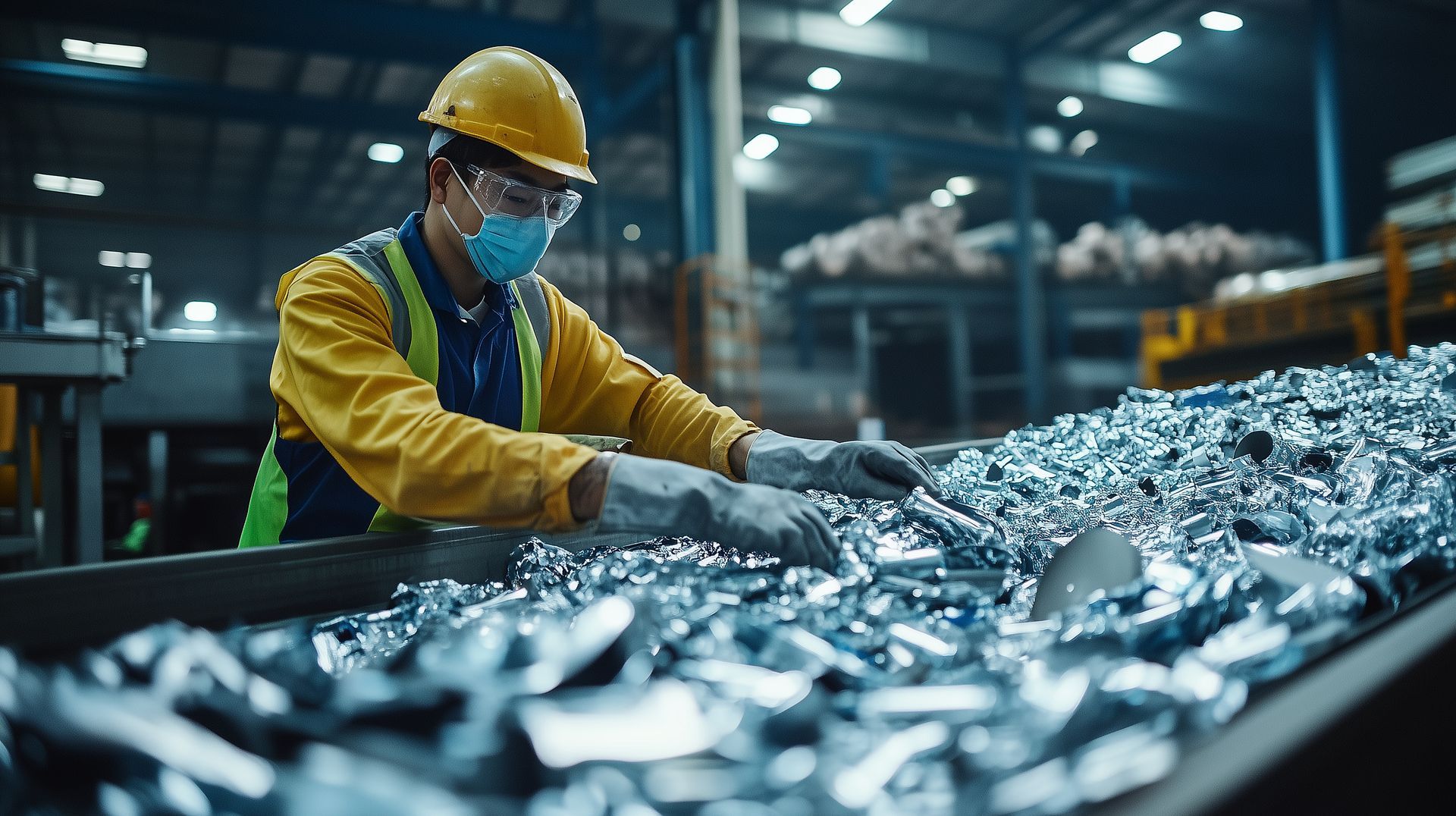 Factory employee in protective gear sorting aluminum scrap metal on a conveyor belt.