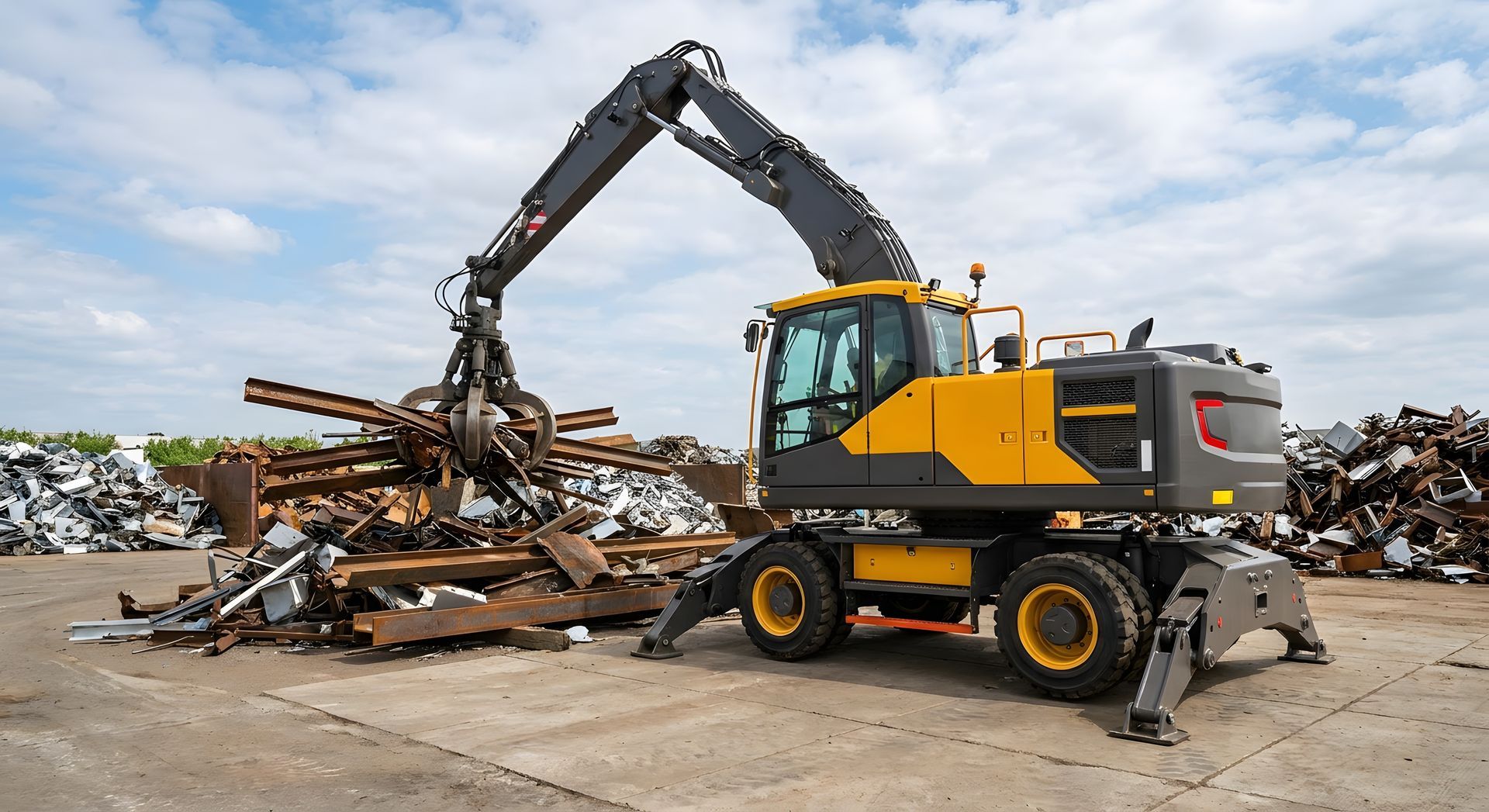 Yellow material handler with grapple claw sorting a pile of rusted scrap metal at a recycling yard. Yellow material handler with grapple claw sorting a pile of rusted scrap metal at a recycling yard.