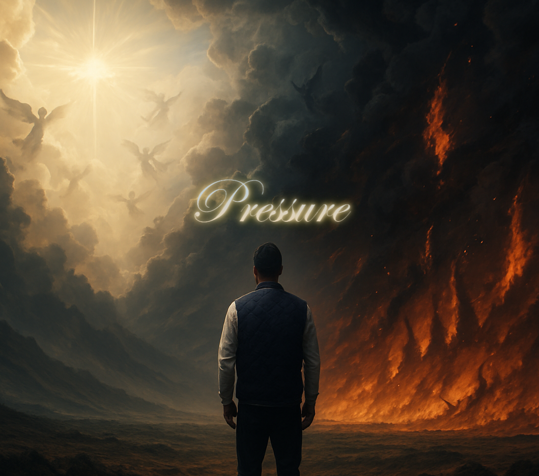 Man facing fire and angelic light with