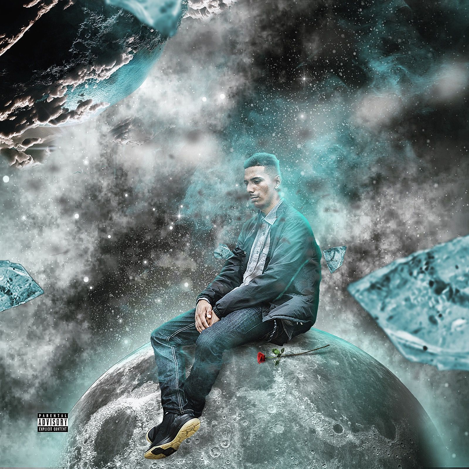 Man sitting on a moon-like sphere, surrounded by space imagery. A rose sits nearby, and he wears a jacket and jeans.