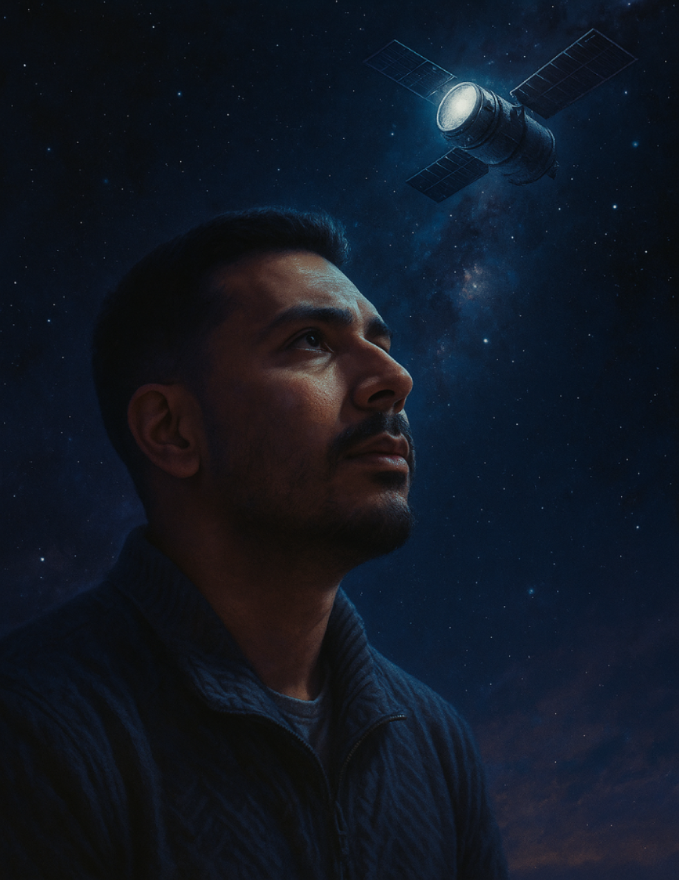 Man gazing upwards at a satellite in a dark, starry night sky.