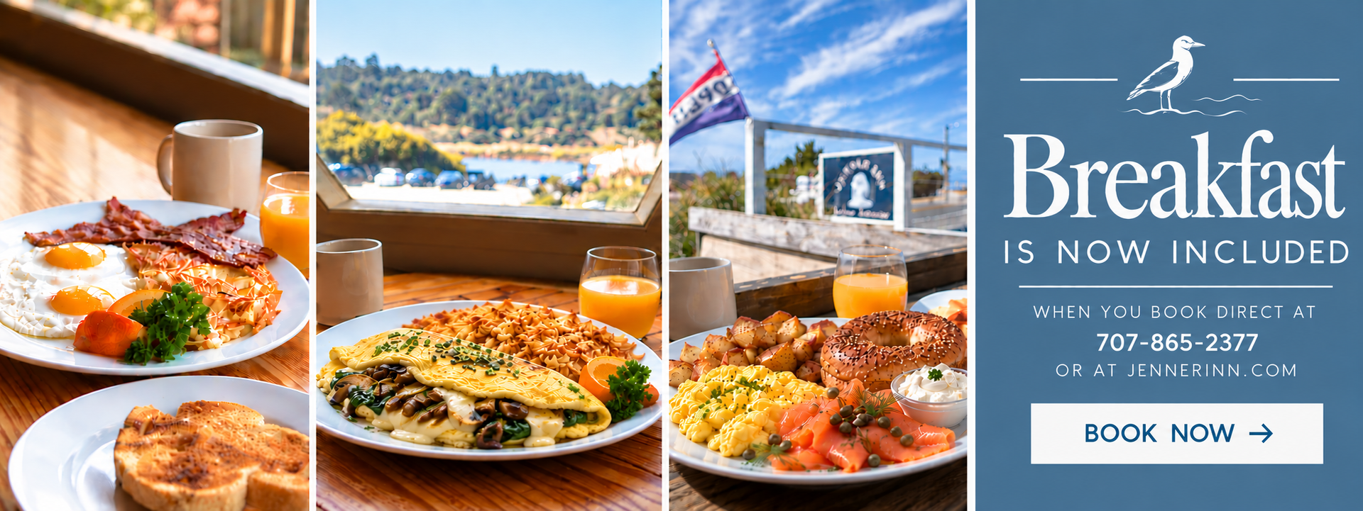 Hotel breakfast promotion with plated meals, pastries, coffee, and “Breakfast is now included” text over a pool view