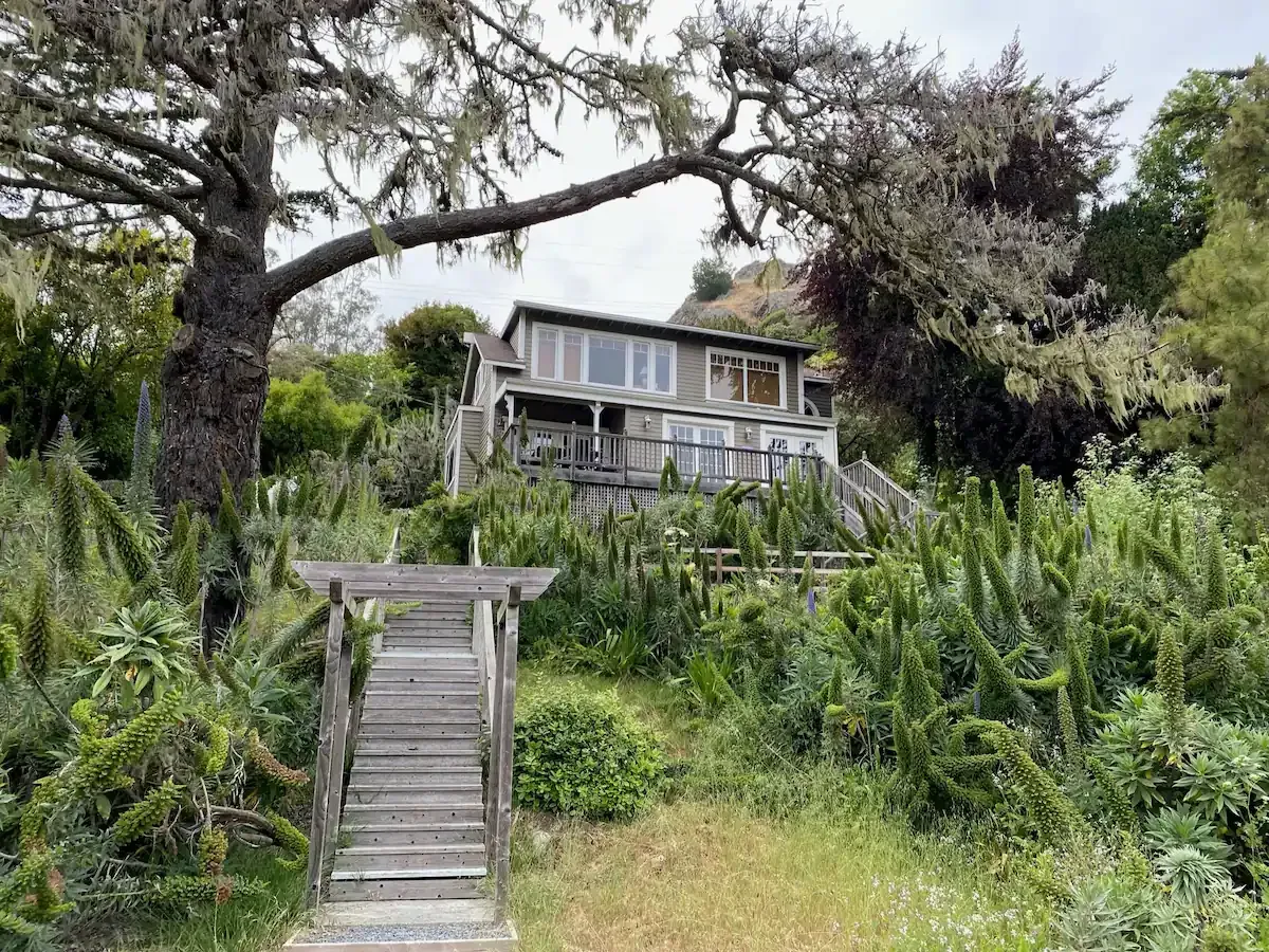 Wooden house with a staircase, surrounded by lush greenery, on a hillside.