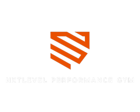 Oranje schildlogo met gestileerde "S"; tekst: NEXT LEVEL PERFORMANCE GYM.