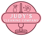 Logo for Judy's Cleaning Company: pink circle with a pink, oval banner. Includes cleaning icons and company name.