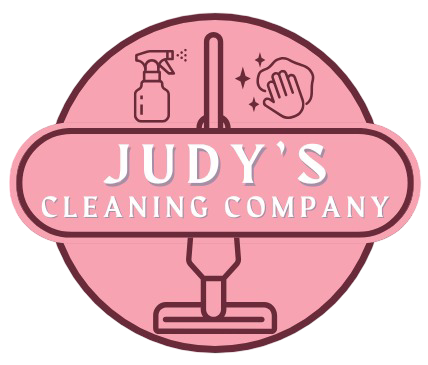 Logo for Judy's Cleaning Company: pink circle with a pink, oval banner. Includes cleaning icons and company name.