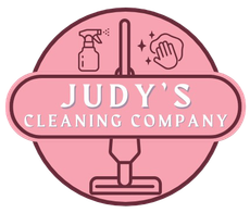 Logo for Judy's Cleaning Company: pink circle with a pink, oval banner. Includes cleaning icons and company name.