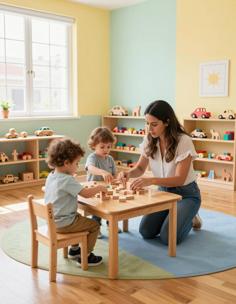 Una maestra y dos niños juegan con juguetes de madera en una mesa baja en un aula luminosa.