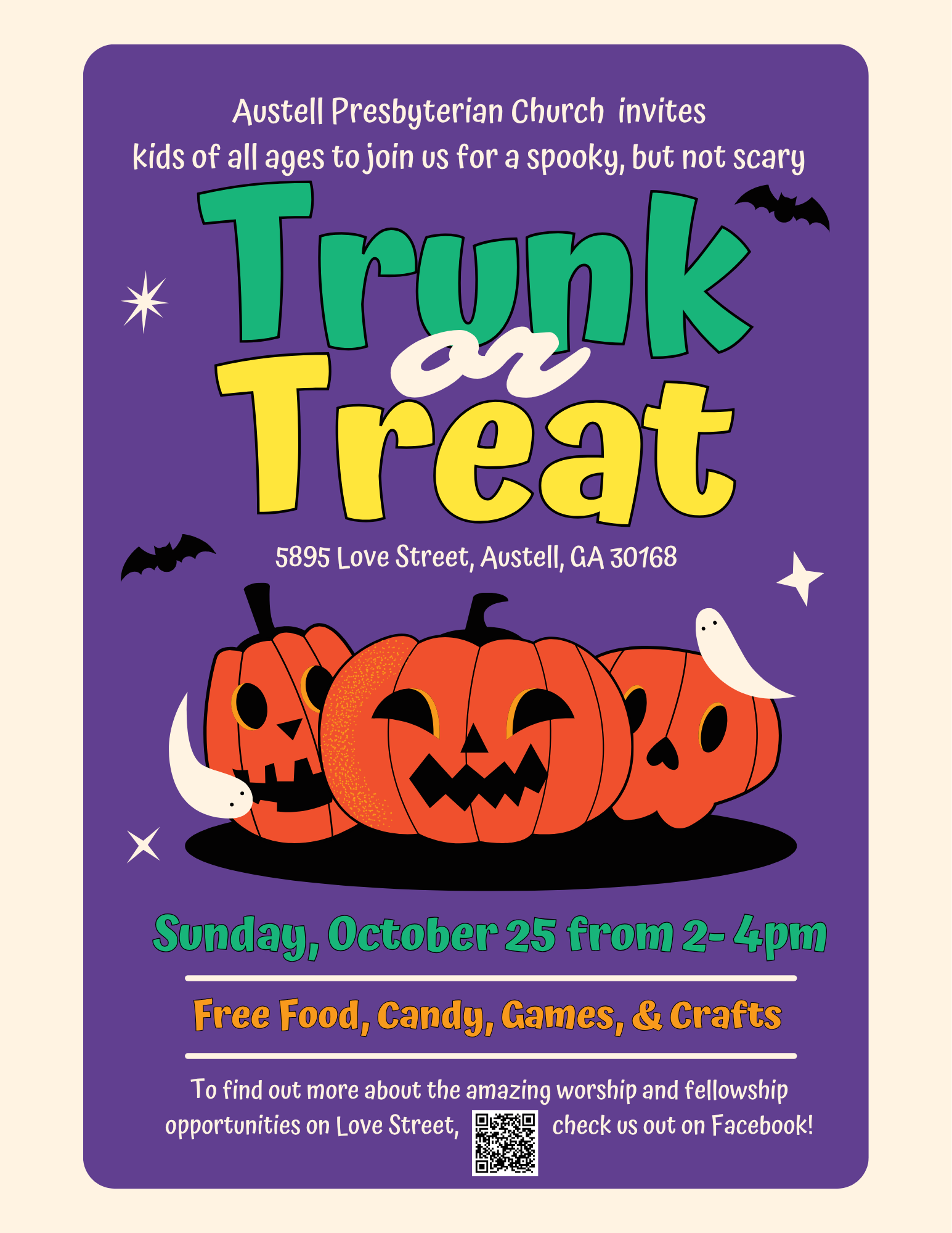 Flyer for Austell Presbyterian Church’s Trunk or Treat on Oct 25, 2-4pm. Features jack-o'-lanterns on a purple background.