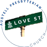 Logo of Austell Presbyterian Church featuring a green street sign labeled