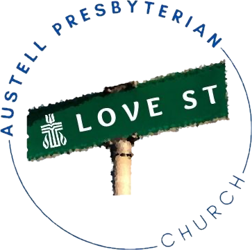 Logo of Austell Presbyterian Church featuring a green street sign labeled 