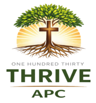 THRIVE APC logo with a tree, cross, roots, and sunburst; “One Hundred Thirty” above.