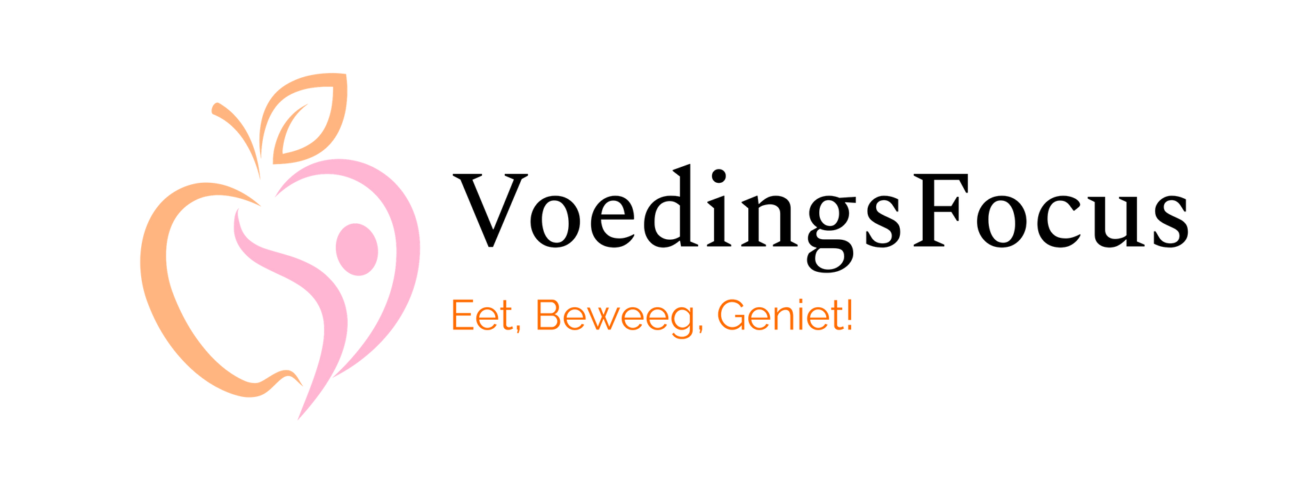 Het logo van VoedingsFocus met een hartje in de vorm van een perzik en een roze appel, en de slogan