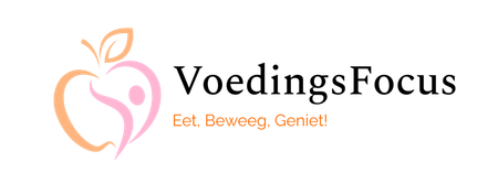 Het logo van VoedingsFocus met een hartje in de vorm van een perzik en een roze appel, en de slogan