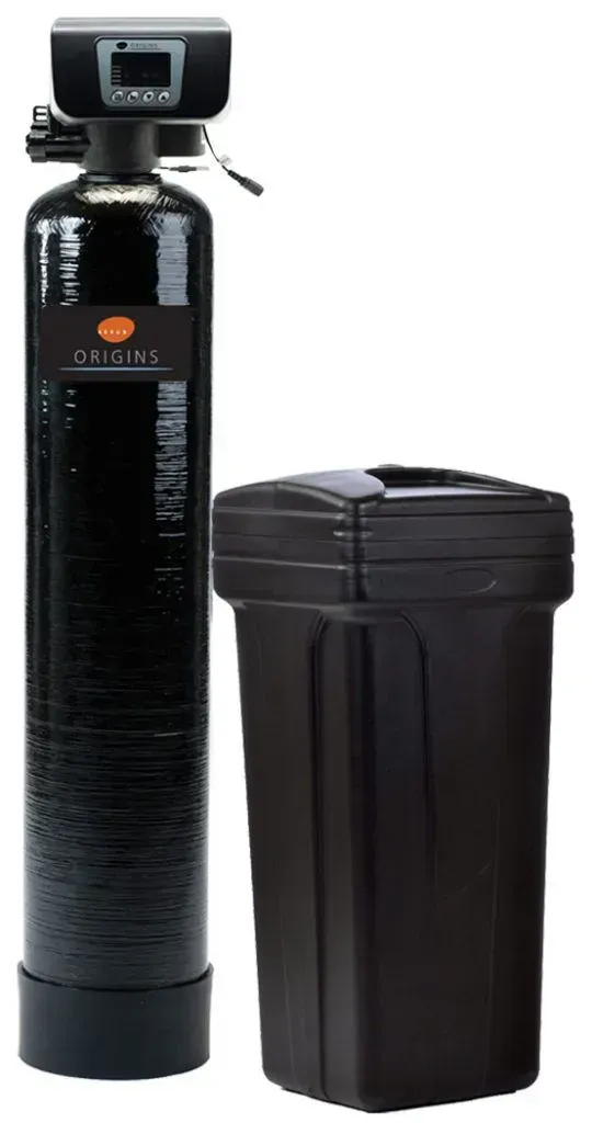 A black water filter and a black water softener on a white background.