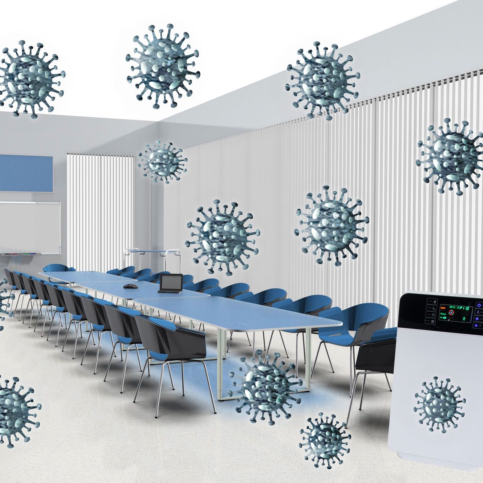 A conference room with a long table and chairs surrounded by viruses