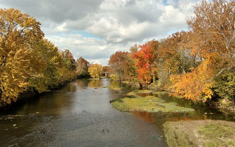 A river surrounded by trees in autumn with a bridge in the background.
