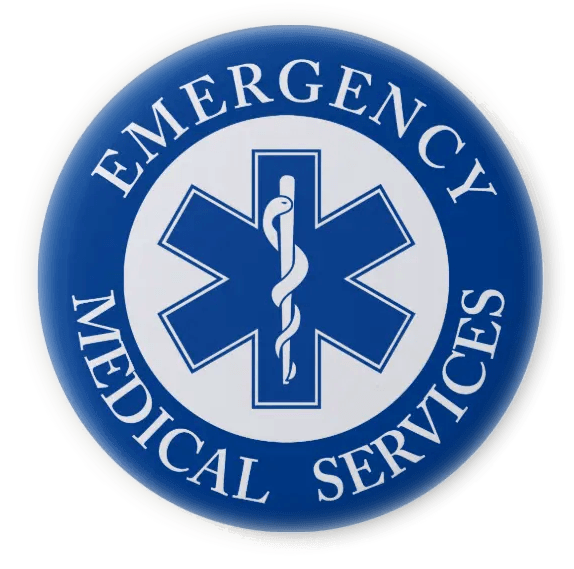 A blue and white emergency medical services button