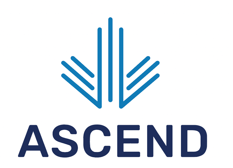 AS CEND logo in dark blue with a stylized geometric arrow icon above the word ASCEND