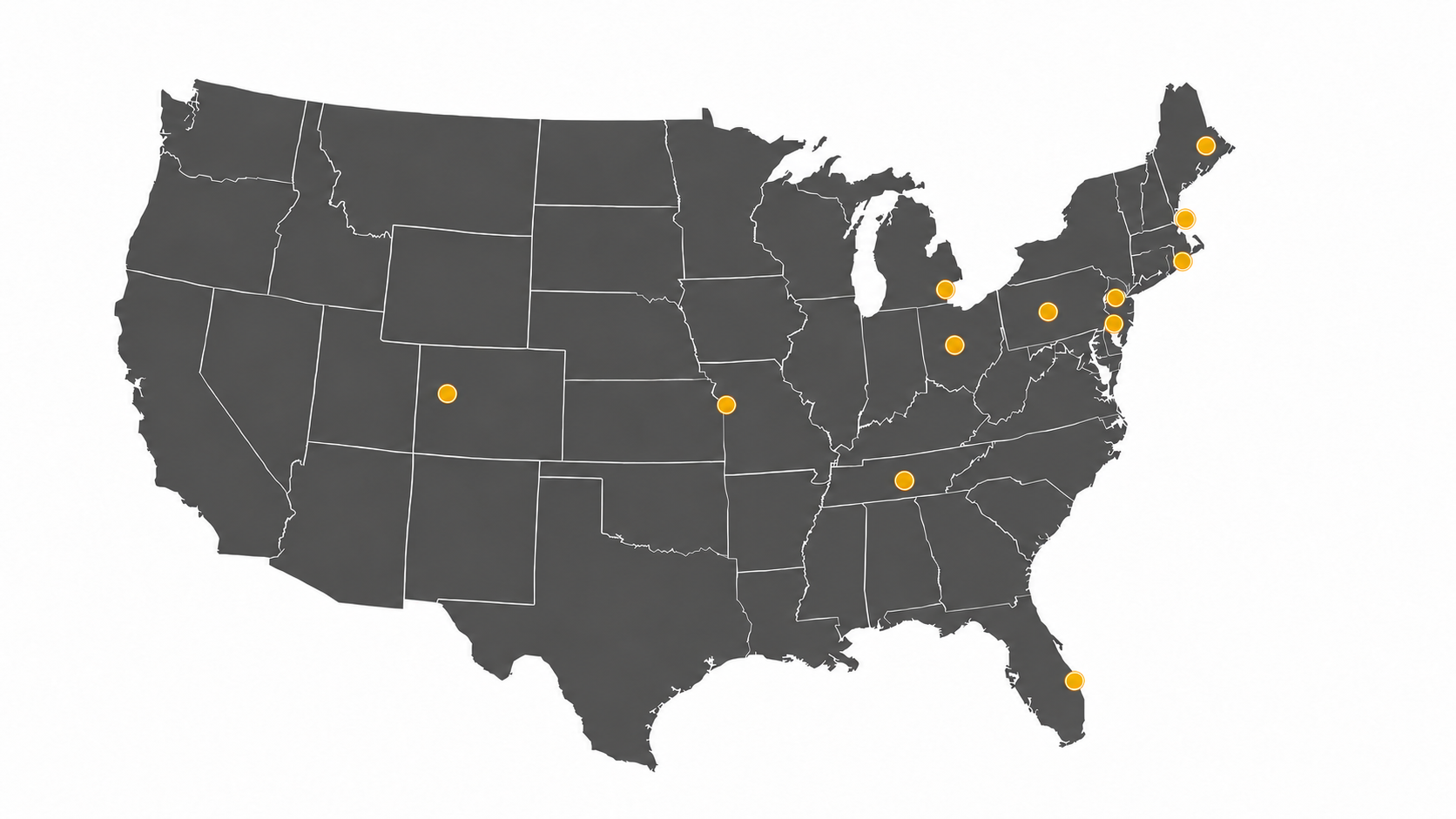 United States map with dots marking project locations