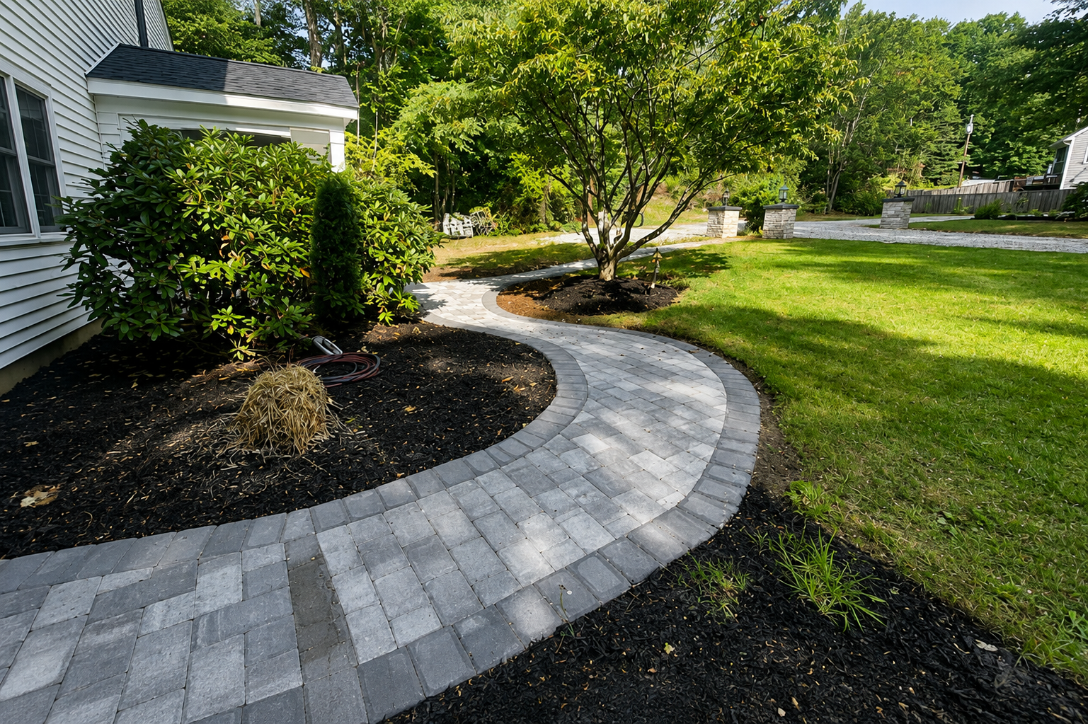 Curved gray paver walkway beside a white house, bordered by mulch, shrubs, and a green lawn