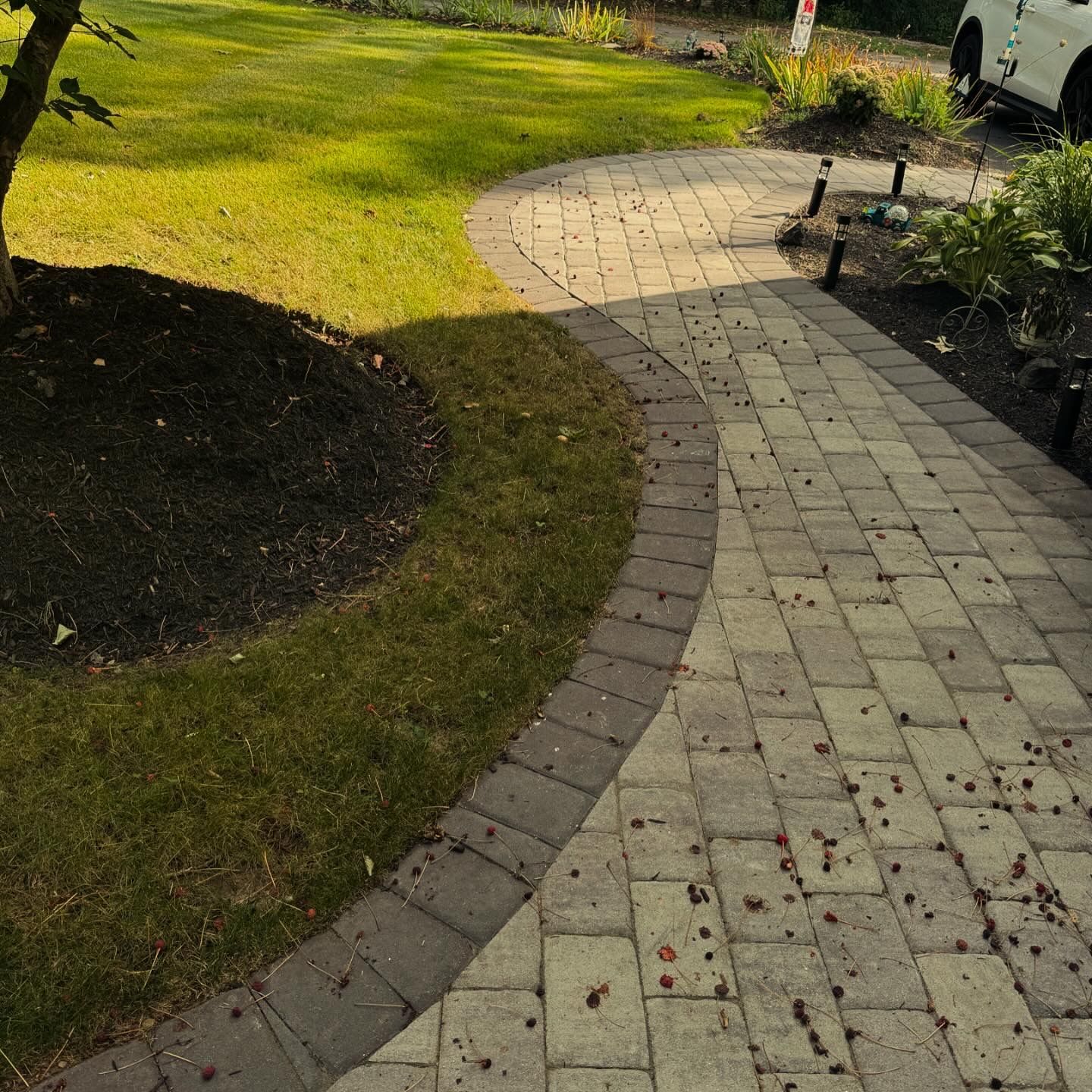 Curved stone garden path beside green lawn and flower beds in sunlight