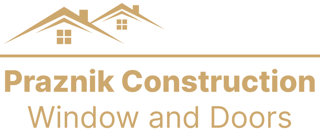 Praznik Construction logo with tan house roof icon and &ldquo;Window and Doors&rdquo; text